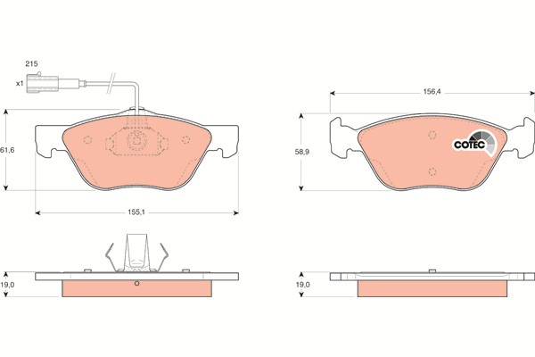 Bromsbeläggsats Ventilerad, Framaxel Trw Cotec GDB1445 TRW