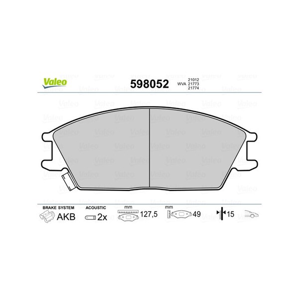 Bromsbeläggsats, Framaxel Valeo 598052 VALEO Bromsbeläggsats, Framaxel Valeo 598052 VALEO