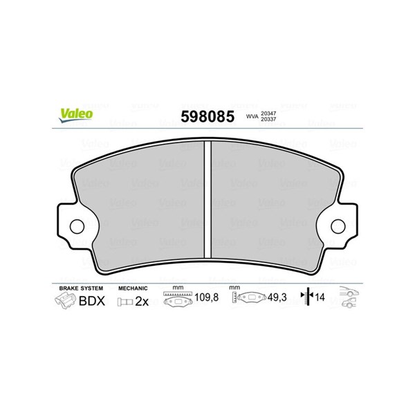 Bromsbeläggsats, Framaxel, Bakaxel Valeo 598085 VALEO Bromsbeläggsats, Framaxel, Bakaxel Valeo 598085 VALEO