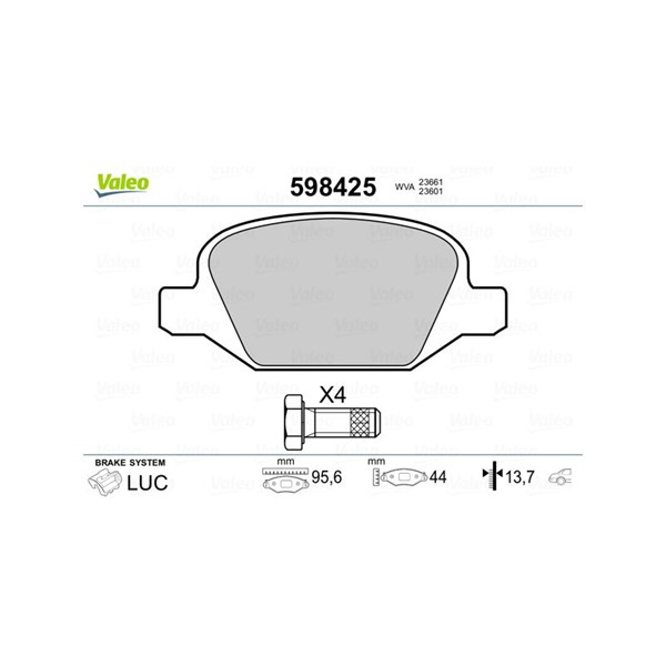 Bromsbeläggsats, Bakaxel, Framaxel Valeo 598425 VALEO Bromsbeläggsats, Bakaxel, Framaxel Valeo 598425 VALEO