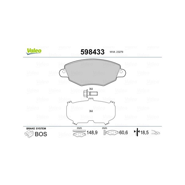 Bromsbeläggsats, Framaxel Valeo 598433 VALEO