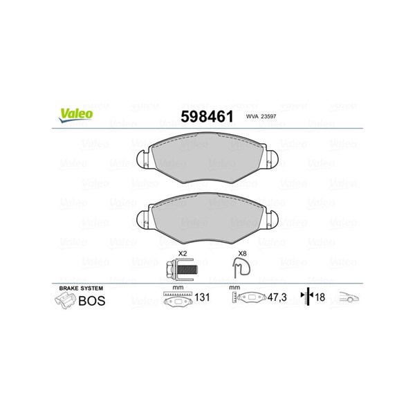 Bromsbeläggsats, Framaxel Valeo 598461 VALEO Bromsbeläggsats, Framaxel Valeo 598461 VALEO