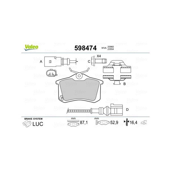 Bromsbeläggsats, Bakaxel, Framaxel Valeo 598474 VALEO