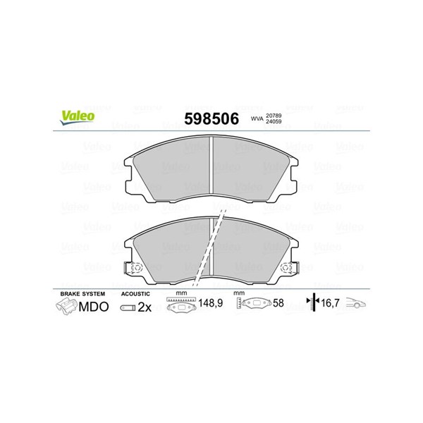 Bromsbeläggsats, Framaxel Valeo 598506 VALEO Bromsbeläggsats, Framaxel Valeo 598506 VALEO