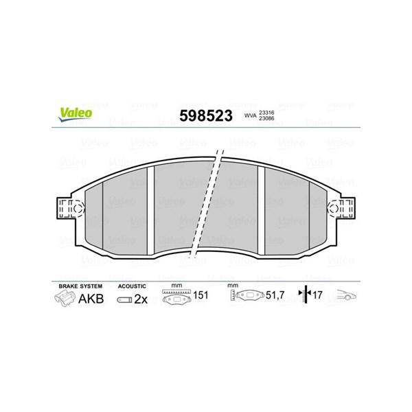 Bromsbeläggsats, Framaxel Valeo 598523 VALEO Bromsbeläggsats, Framaxel Valeo 598523 VALEO