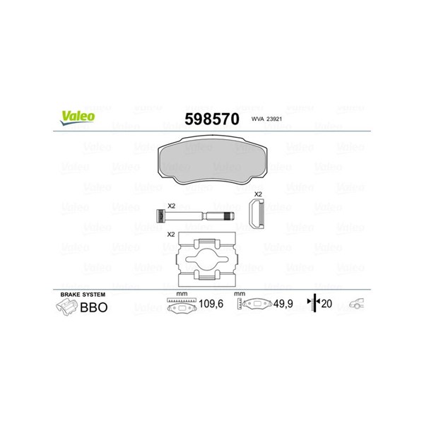 Bromsbeläggsats, Bakaxel, Framaxel Valeo 598570 VALEO