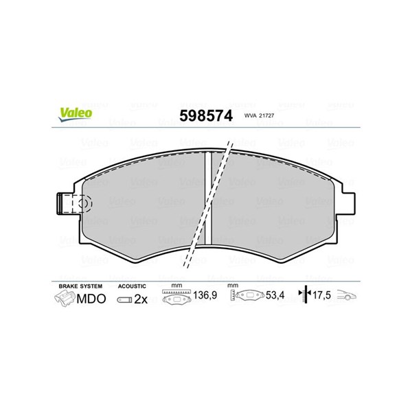 Bromsbeläggsats, Framaxel Valeo 598574 VALEO Bromsbeläggsats, Framaxel Valeo 598574 VALEO