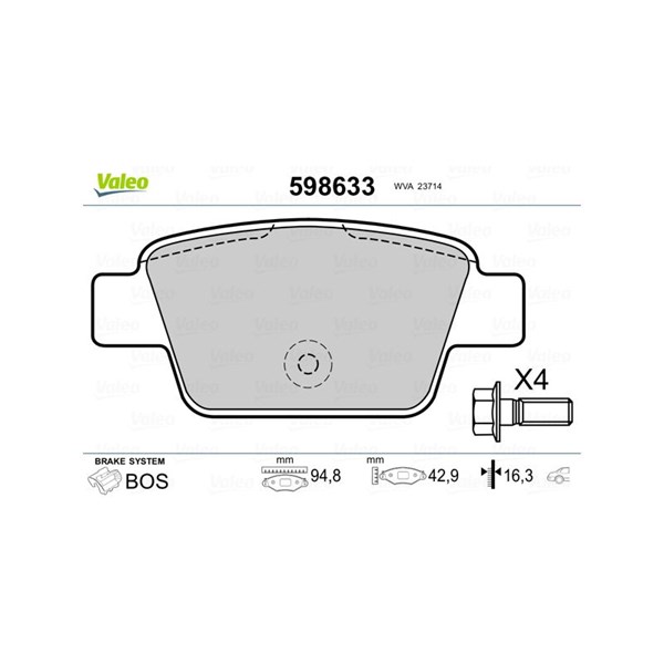 Bromsbeläggsats, Bakaxel, Framaxel Valeo 598633 VALEO