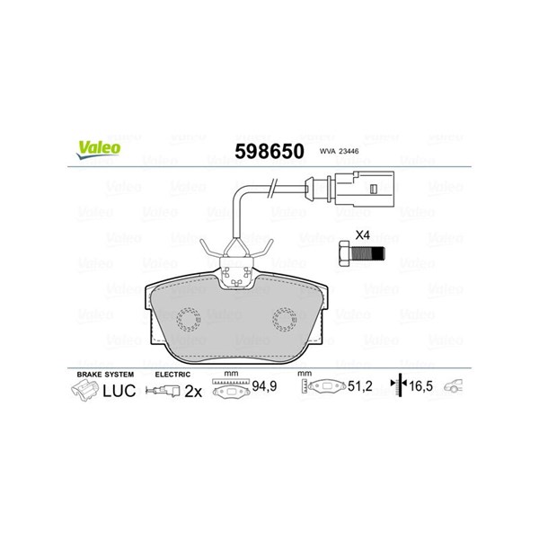 Bromsbeläggsats, Bakaxel Valeo 598650 VALEO Bromsbeläggsats, Bakaxel Valeo 598650 VALEO