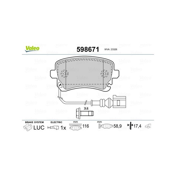 Bromsbeläggsats, Bakaxel Valeo 598671 VALEO Bromsbeläggsats, Bakaxel Valeo 598671 VALEO