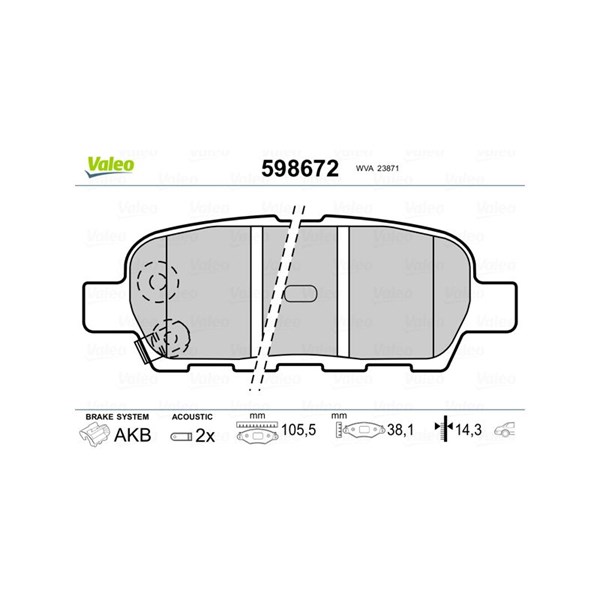 Bromsbeläggsats, Bakaxel Valeo 598672 VALEO Bromsbeläggsats, Bakaxel Valeo 598672 VALEO