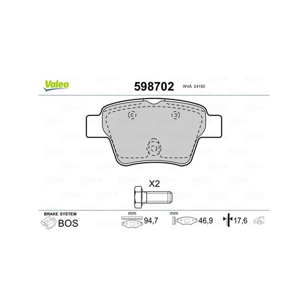 Bromsbeläggsats, Bakaxel Valeo 598702 VALEO