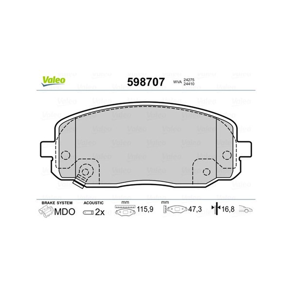 Bromsbeläggsats, Framaxel Valeo 598707 VALEO Bromsbeläggsats, Framaxel Valeo 598707 VALEO