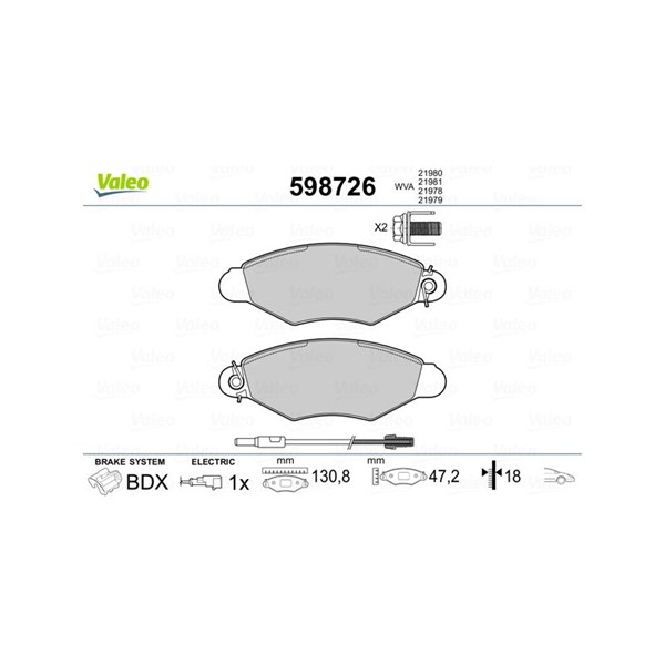 Bromsbeläggsats, Framaxel Valeo 598726 VALEO Bromsbeläggsats, Framaxel Valeo 598726 VALEO
