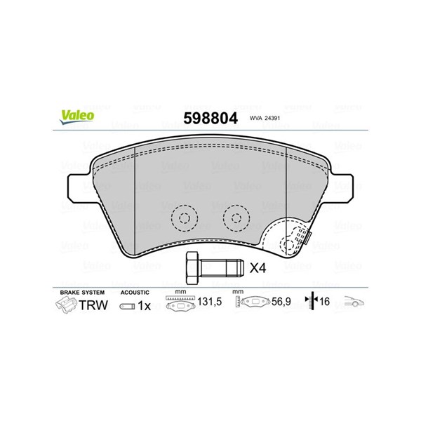 Bromsbeläggsats, Framaxel Valeo 598804 VALEO