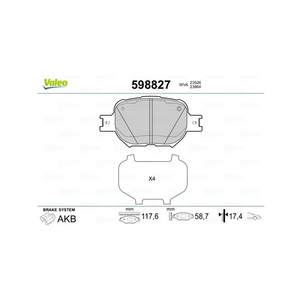 Bromsbeläggsats, Framaxel Valeo 598827 VALEO Bromsbeläggsats, Framaxel Valeo 598827 VALEO