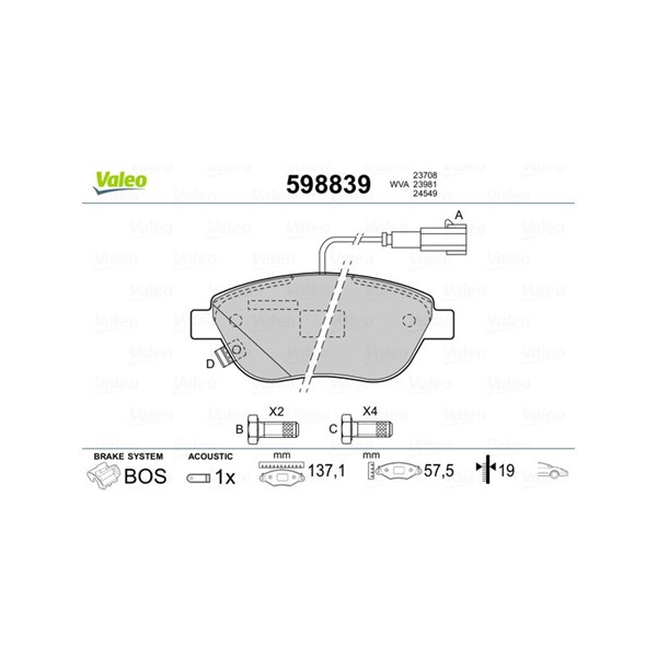 Bromsbeläggsats, Framaxel Valeo 598839 VALEO