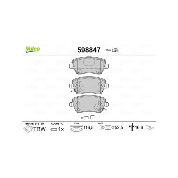 Bromsbeläggsats, Framaxel Valeo 598847 VALEO Bromsbeläggsats, Framaxel Valeo 598847 VALEO