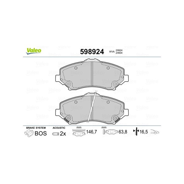 Bromsbeläggsats, Framaxel Valeo 598924 VALEO Bromsbeläggsats, Framaxel Valeo 598924 VALEO