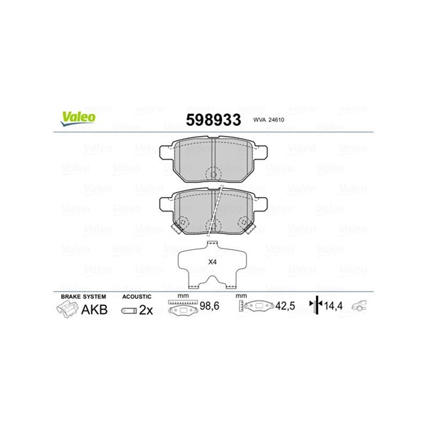 Bromsbeläggsats, Bakaxel Valeo 598933 VALEO