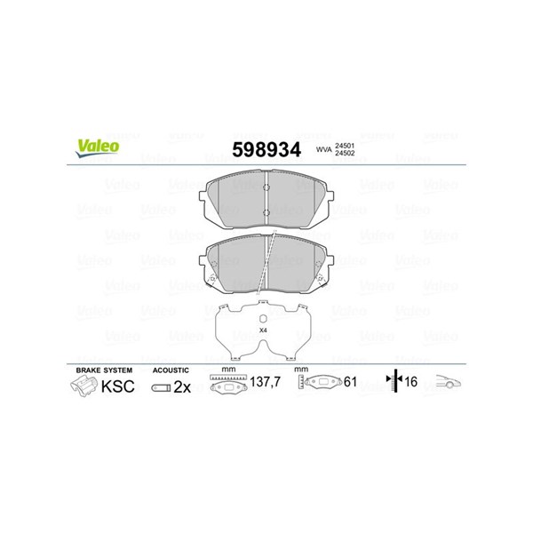 Bromsbeläggsats, Framaxel Valeo 598934 VALEO Bromsbeläggsats, Framaxel Valeo 598934 VALEO
