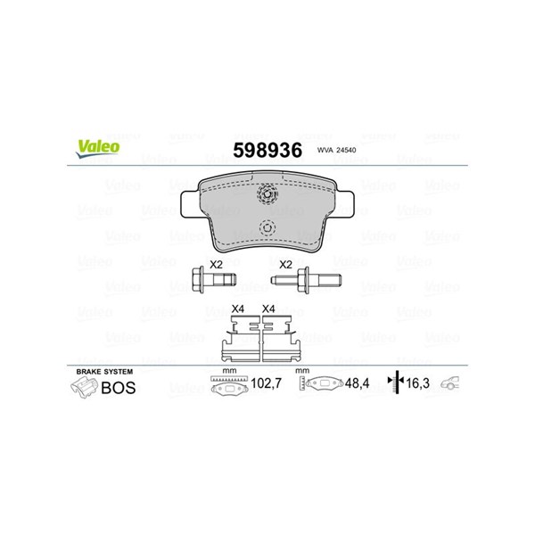 Bromsbeläggsats, Bakaxel Valeo 598936 VALEO
