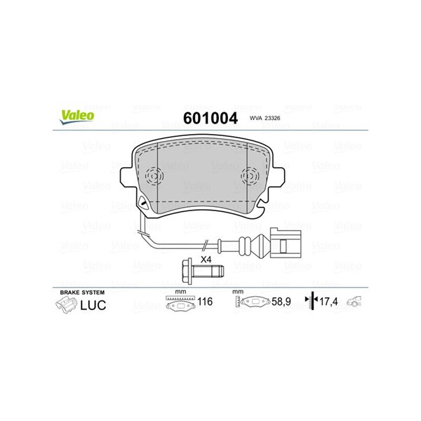 Bromsbeläggsats, Bakaxel Valeo 601004 VALEO