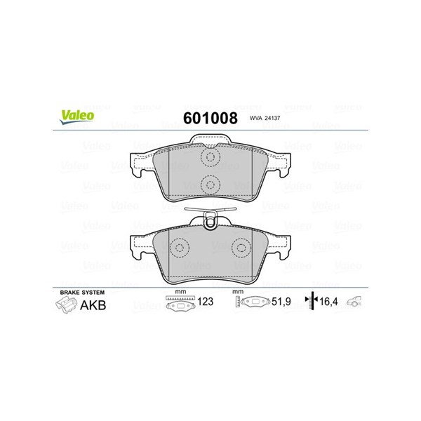 Bromsbeläggsats, Bakaxel Valeo 601008 VALEO Bromsbeläggsats, Bakaxel Valeo 601008 VALEO
