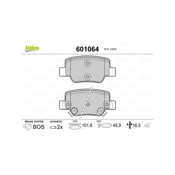 Bromsbeläggsats, Bakaxel Valeo 601064 VALEO
