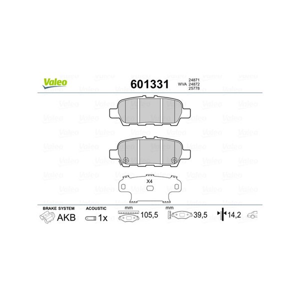 Bromsbeläggsats, Bakaxel Valeo 601331 VALEO Bromsbeläggsats, Bakaxel Valeo 601331 VALEO