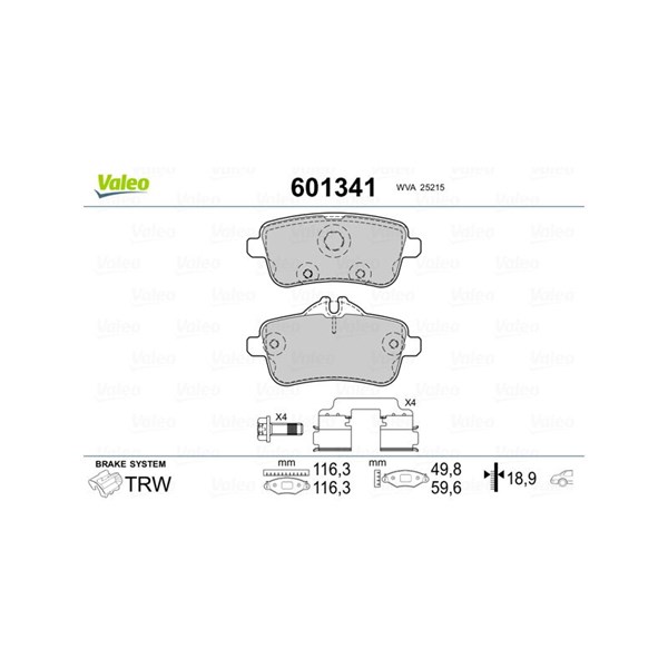 Bromsbeläggsats, Bakaxel, Framaxel Valeo 601341 VALEO