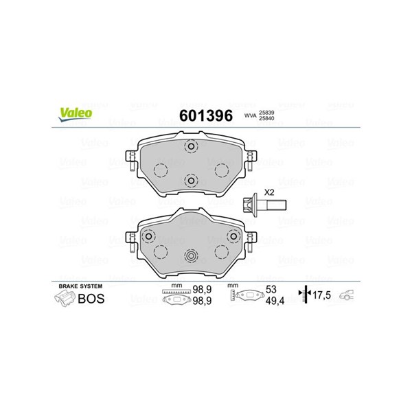 Bromsbeläggsats, Bakaxel Valeo 601396 VALEO