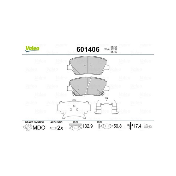 Bromsbeläggsats, Framaxel Valeo 601406 VALEO