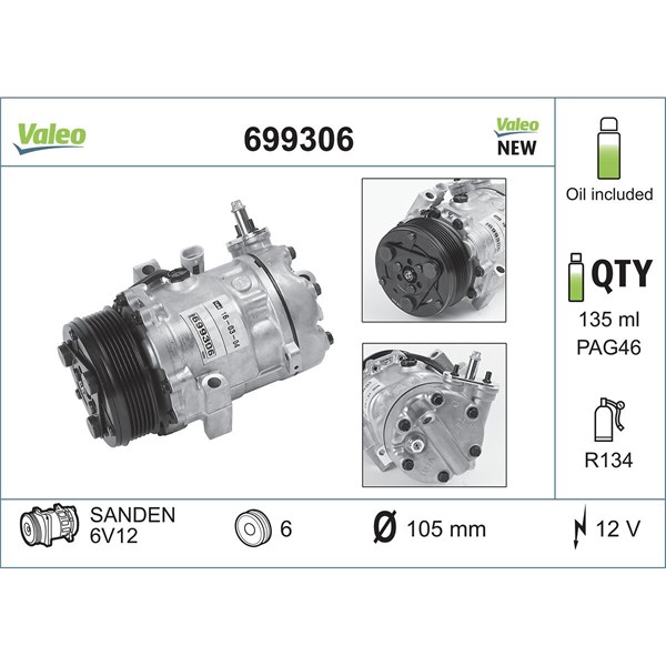 Kompressor, klimatanläggning 12V Valeo 699306 VALEO Kompressor, klimatanläggning 12V Valeo 699306 VALEO