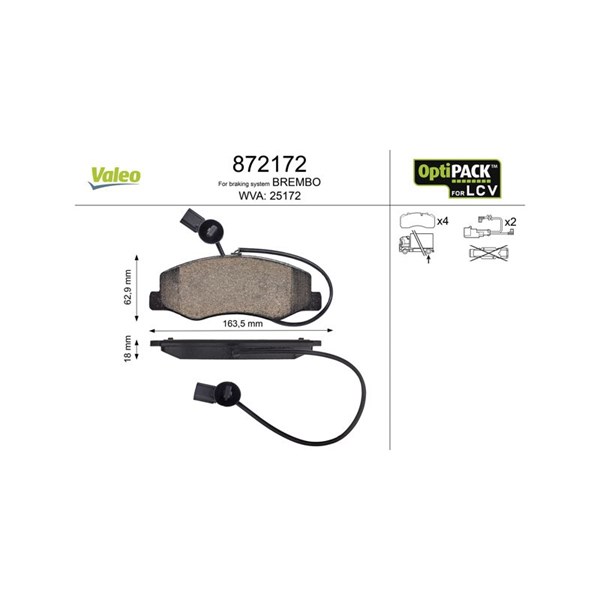 Bromsbeläggsats, Bakaxel Valeo Optipack for lcv 872172 VALEO