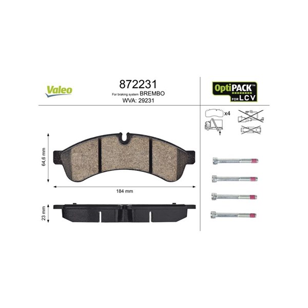 Bromsbeläggsats, Bakaxel Valeo Optipack for lcv 872231 VALEO