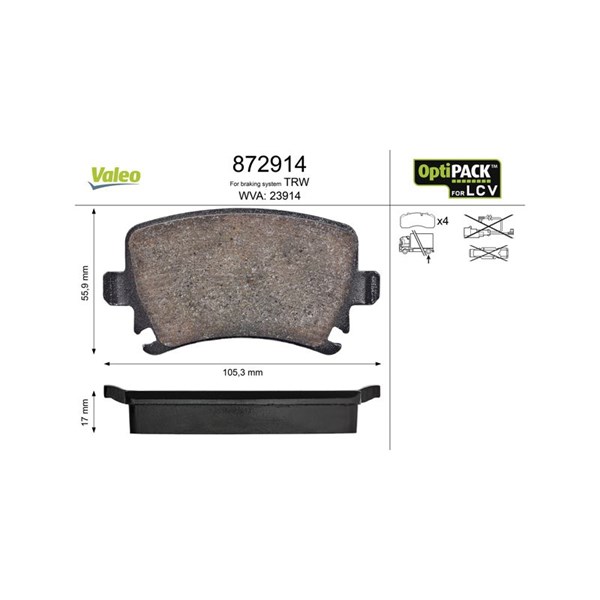 Bromsbeläggsats, Bakaxel, Framaxel Valeo Optipack for lcv 872914 VALEO