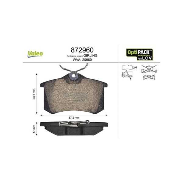 Bromsbeläggsats, Bakaxel Valeo Optipack for lcv 872960 VALEO