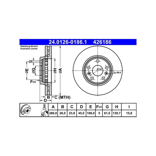 Bromsskiva Ventilerad, Framaxel Ate 24.0126-0186.1 ATE Bromsskiva Ventilerad, Framaxel Ate 24.0126-0186.1 ATE