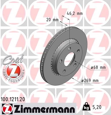 Bromsskiva Externt ventilerad, Bakaxel Zimmermann 100.1211.20 ZIMMERMANN
