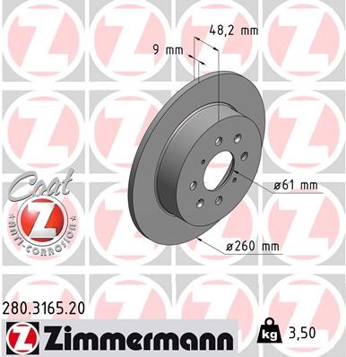 Bromsskiva Solid, Bakaxel Zimmermann 280.3165.20 ZIMMERMANN