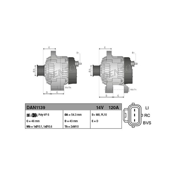 Generator 120A Denso DAN1139 DENSO Generator 120A Denso DAN1139 DENSO