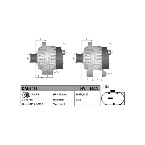 Generator 190A Denso DAN1466 DENSO Generator 190A Denso DAN1466 DENSO