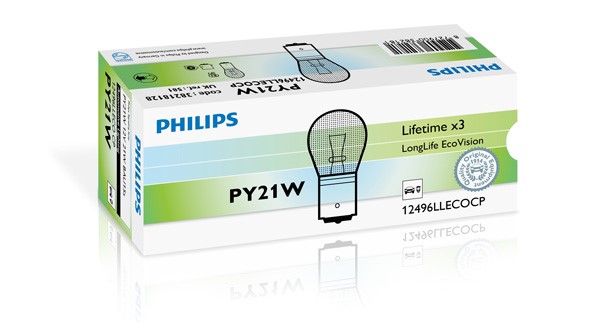 Glödlampa PHILIPS LongLife EcoVision PY21W BAU15s, Fram, Bak, Fra