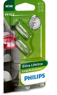 Glödlampa PHILIPS LongLife EcoVision W5W W2,1x9,5d, Bak, Fram, Si