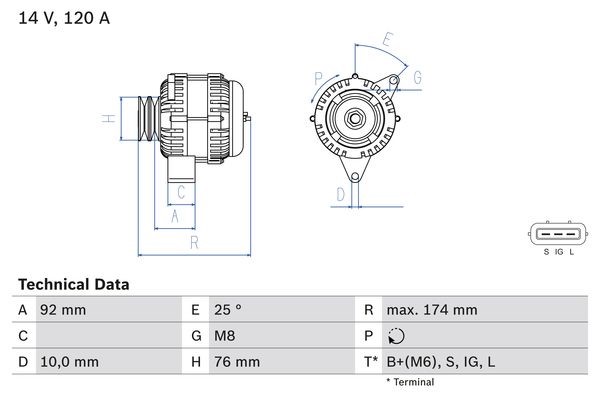 Generator 14V 120A Bosch 0 986 082 780 BOSCH Generator 14V 120A Bosch 0 986 082 780 BOSCH
