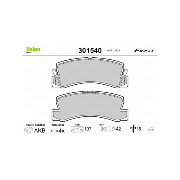 Bromsbeläggsats, Bakaxel, Framaxel Valeo 301540 VALEO