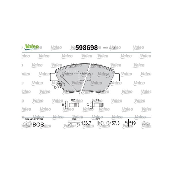 Bromsbeläggsats, Framaxel Valeo 598698 VALEO Bromsbeläggsats, Framaxel Valeo 598698 VALEO