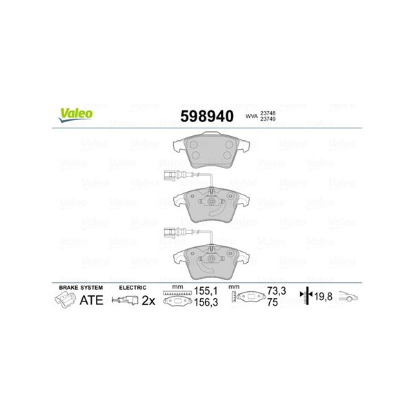 Bromsbeläggsats, Framaxel Valeo 598940 VALEO Bromsbeläggsats, Framaxel Valeo 598940 VALEO