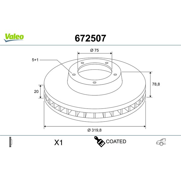 Bromsskiva Ventilerad, Bakaxel, Framaxel Valeo Coated 672507 VALEO